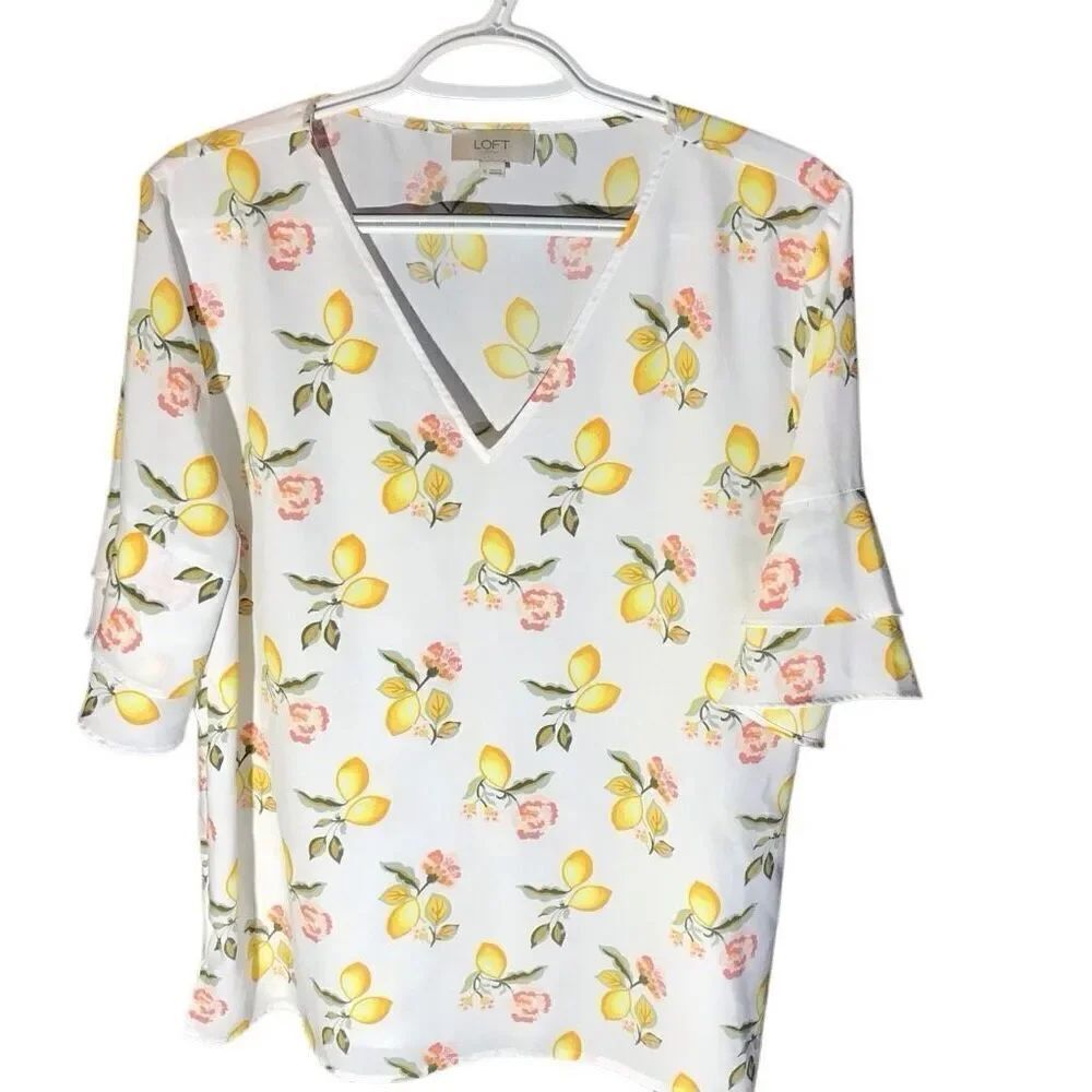 Loft outlet size Medium Top short sleeve Blouse white yellow lemon print